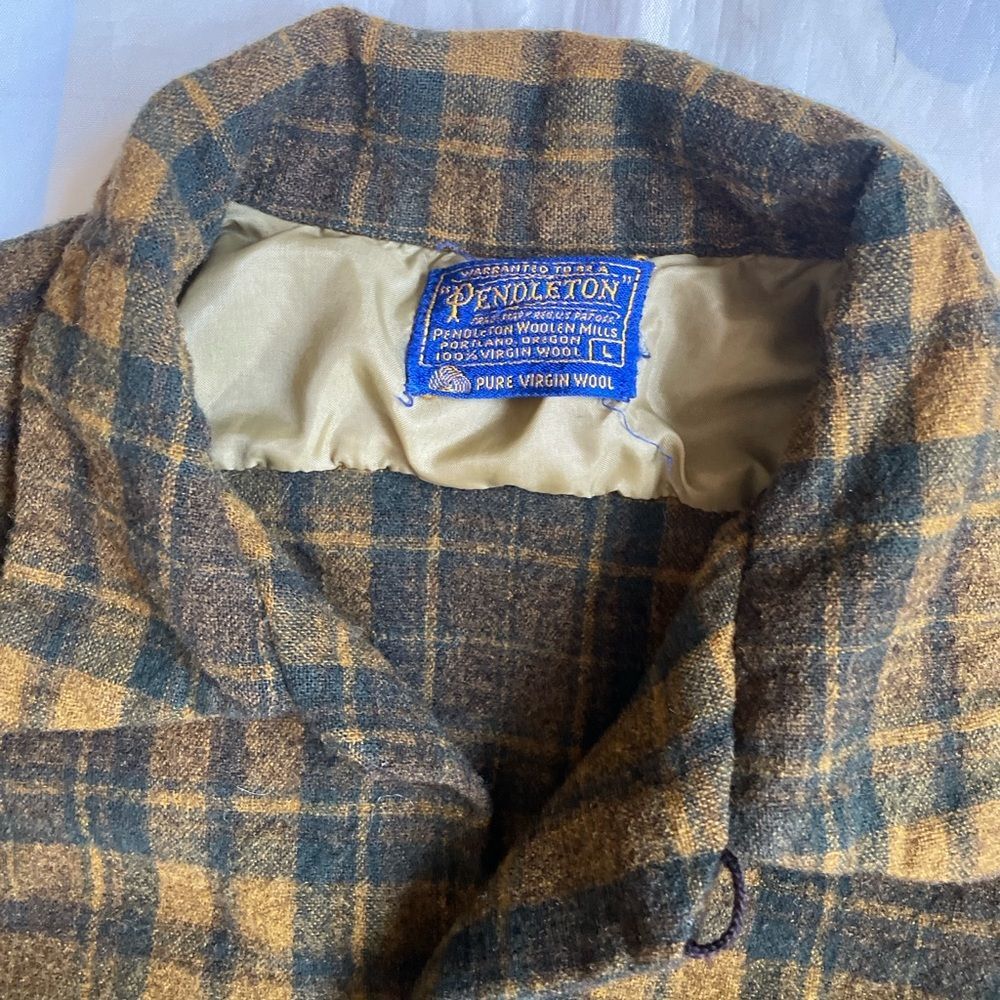Vintage 60s Pendleton 100% Virgin Wool Plaid Shirt - Mustard/Olive/Brown Men’s L - Picture 12 of 16